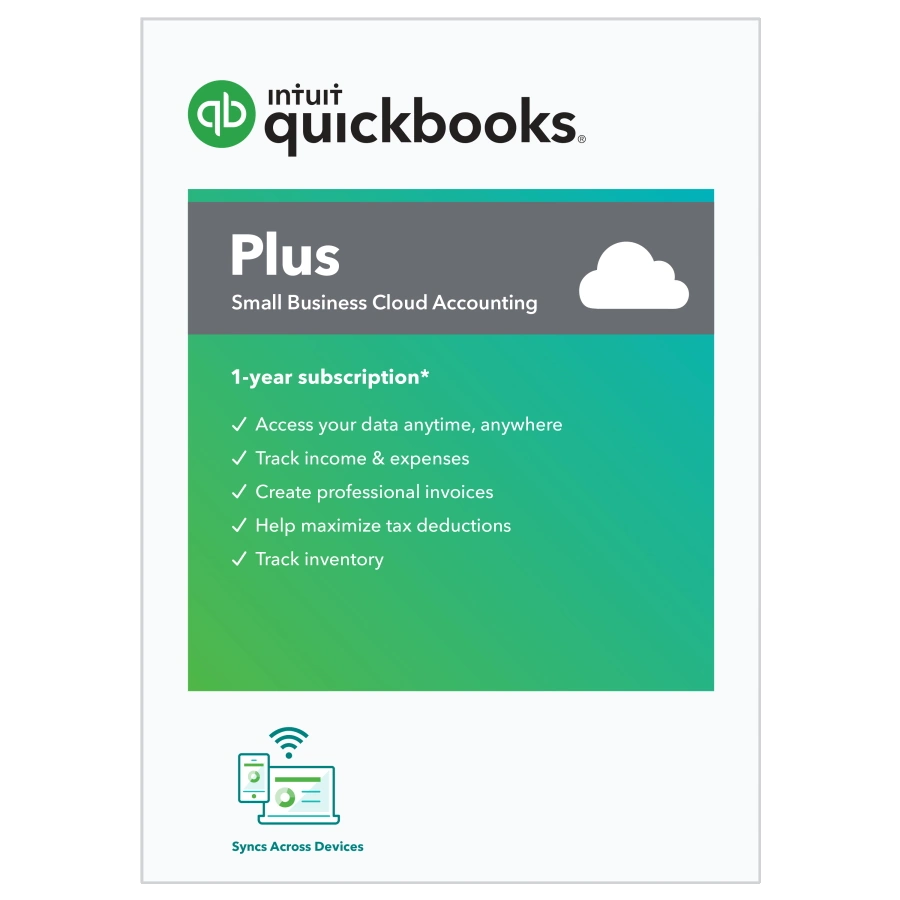 Quickbooks Small Business Cloud Accounting Plus program. One-year subscription benefits.