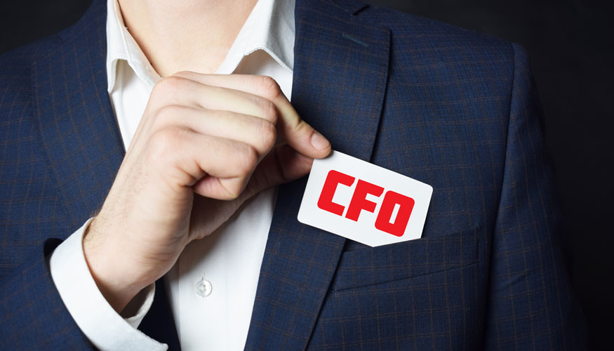 Businessman shows business card with the inscription:CFO