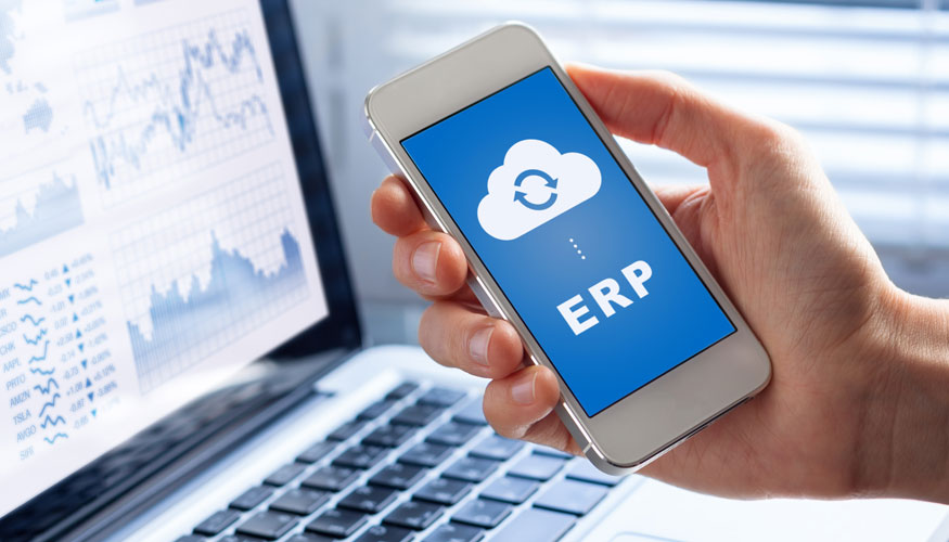 ERP app on smartphone screen connecting data with cloud computing