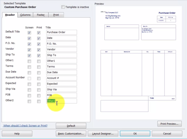 Quickbook Purchase Order Customization