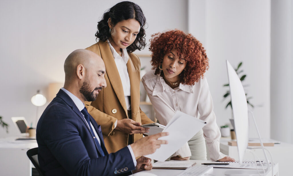 Administration teamwork, office documents or people review financial data, finance funding or accounting statistics.