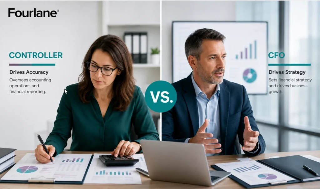 Controller vs. CFO role comparison showing strategic vs. operational financial leadership responsibilities