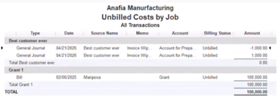 QuickBooks Unbilled Costs by Job report