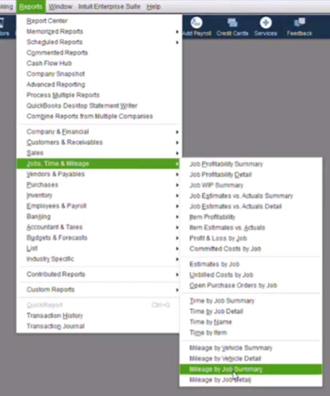 QuickBooks Reports menu showing Job Profitability Summary and Detail