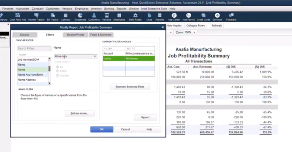 QuickBooks Job Profitability Report Names filter
