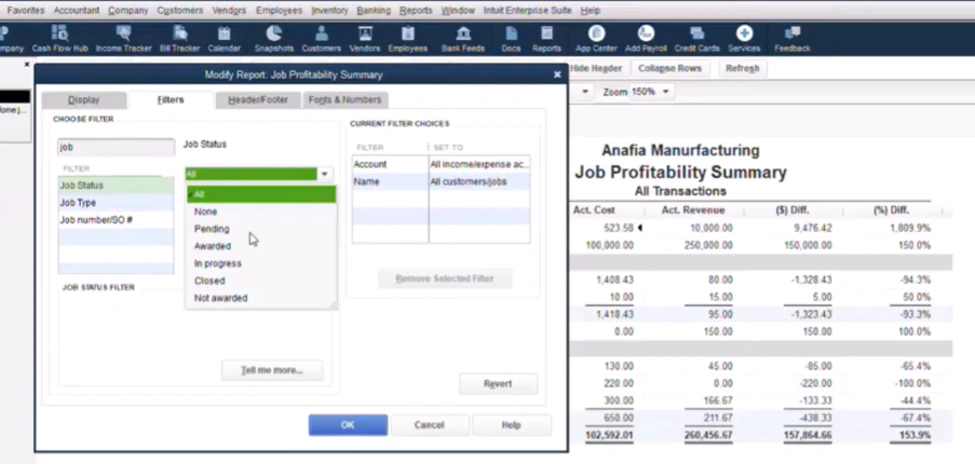 QuickBooks Job Profitability Report Job Status filter